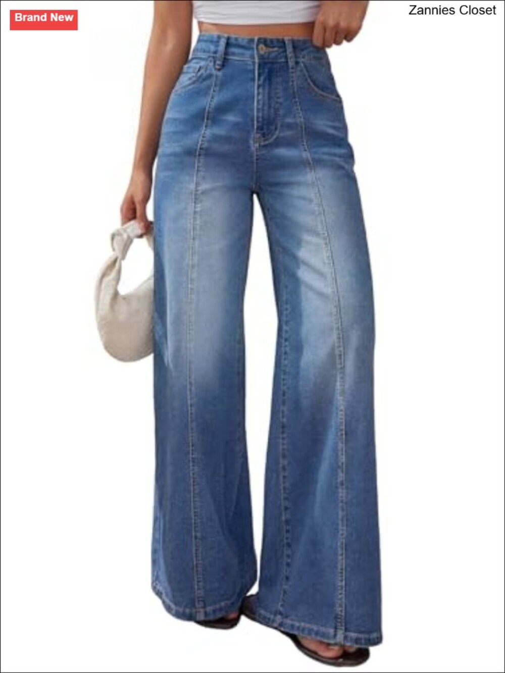 High Waisted Wide Leg Baggy Jeans Front Seam Cotton Blend Pants